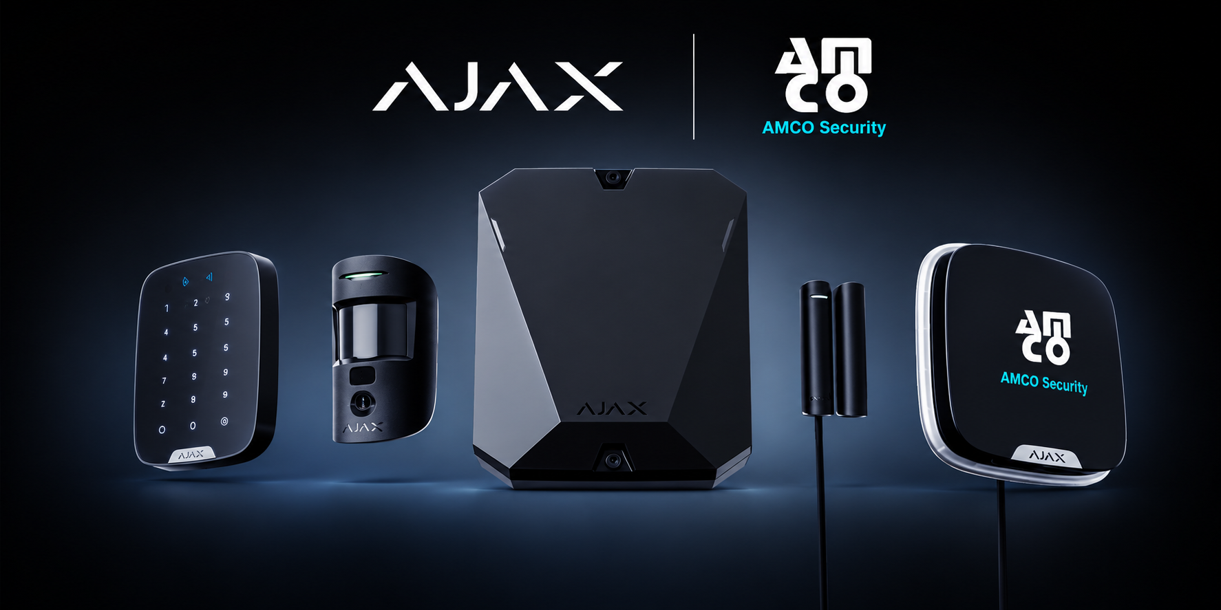 Ajax and AMCO Security: Ajax keypad, camera motion detector, hub, door contact and AMCO-branded siren